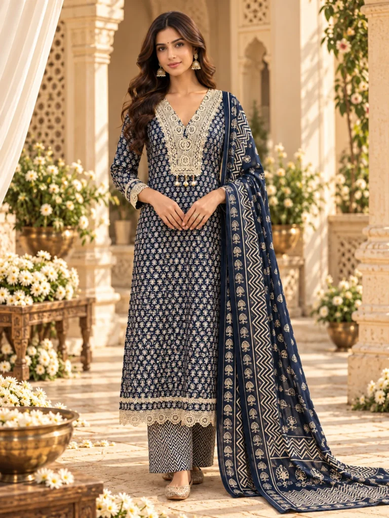 Navy Blue Embroidered Cotton Suit